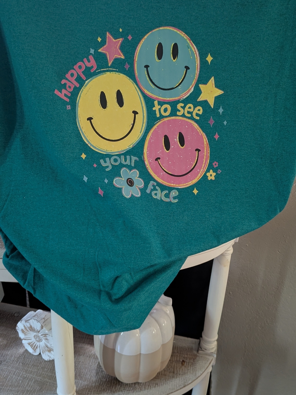 Gildan Teal Graphic Tee with Yellow Pink and Blue Smiley Faces - Picture 4 of 4